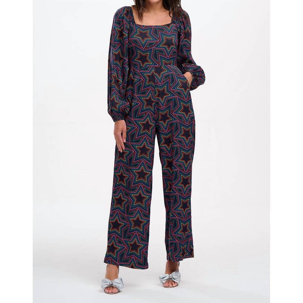 NEW SUGARHILL hestia shirred jumpsuit in rainbow star explosion